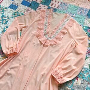 Vintage 60s Pink Embroidered Lace Trim Bubble Sleeve Maxi Duster Robe L